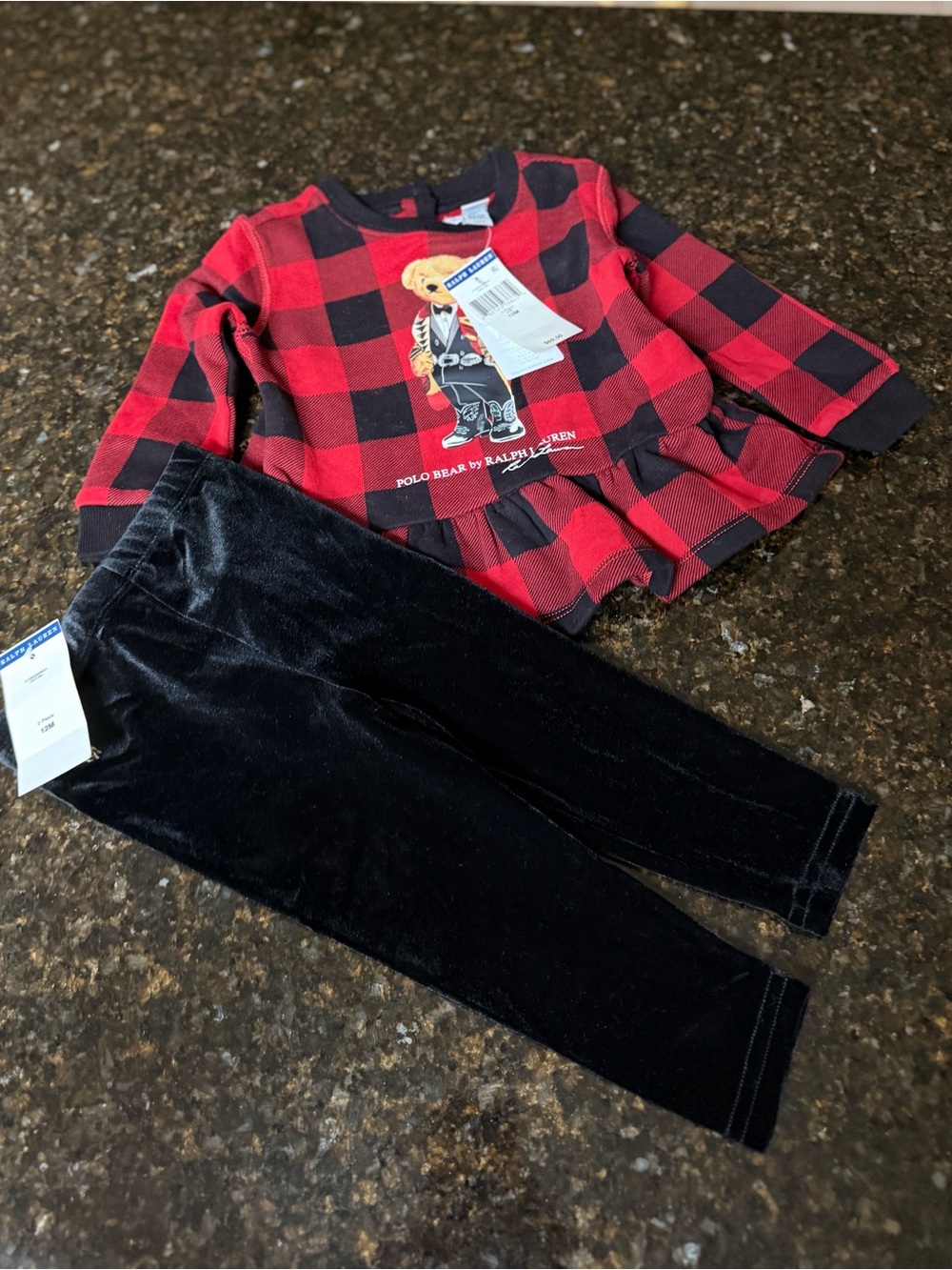 Ralph Lauren Red & Black Buffalo Plaid Polo Bear Top